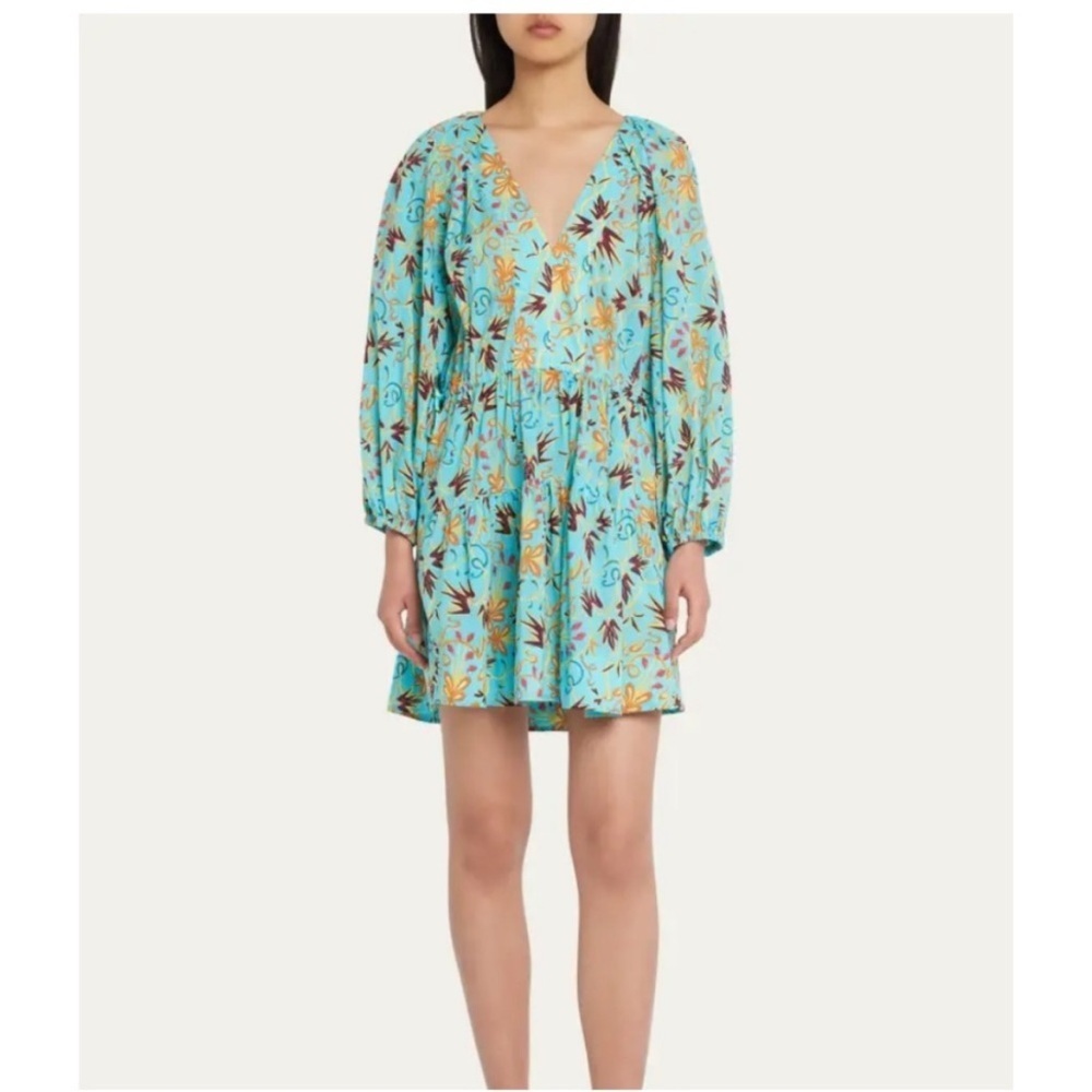A.L.C. Sally Printed Cotton Cinch-Tie Mini-Dress Grotto Multi Blue Size 2 boho